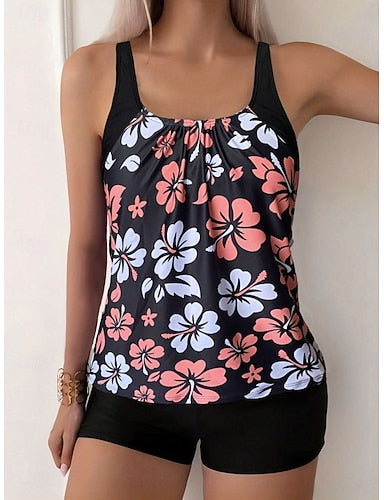 Tankini 2 Piece Swimsuit Shorts Tummy Control High Waist Slim Backless Vacation Beach Wear U Neck Sleeveless Bathing Suits