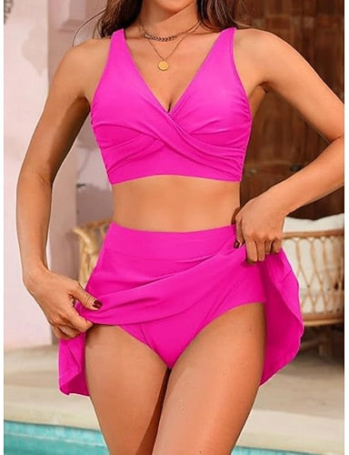 Bikini 2 Piece Swimsuit Skirt Slim Backless Vacation Beach Wear Striped V Neck Sleeveless Bathing Suits