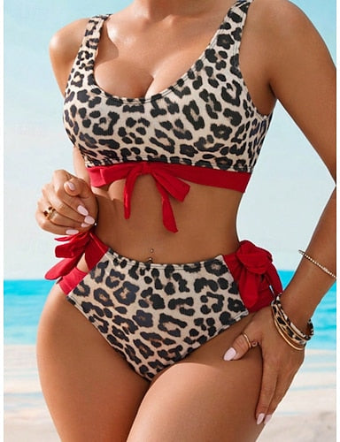 Bikini 2 Piece Swimsuit Underwire Leopard Briefs Slim Backless Vacation Beach Wear Zebra Print U Neck Sleeveless Bathing Suits