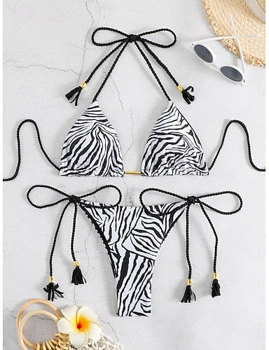 Bikini 2 Piece Swimsuit Leopard Tie Side Slim Backless Vacation Beach Wear Zebra Print Halter Neck Sleeveless Bathing Suits