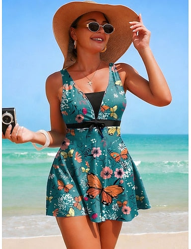 Tankini 2 Piece Swimsuit With Skirt Skirt Backless Vacation Beach Wear Graphic V Neck Sleeveless Bathing Suits