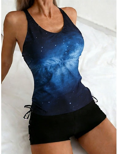 Swimwear Tankini 2 Piece High Waist Swimsuit Tummy Control High Waist Slim Backless Vacation Beach Wear Ombre U Neck Sleeveless Bathing Suits