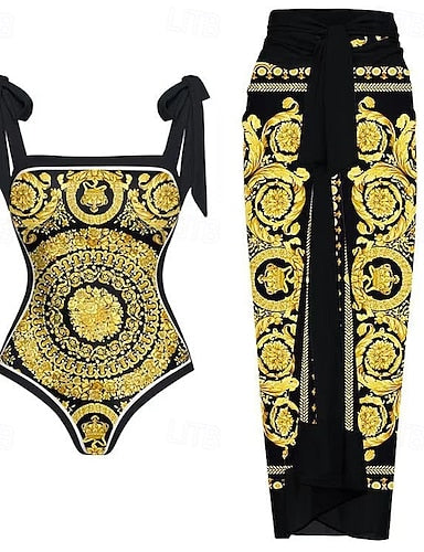 One Piece Swimsuit Monokini Skirt Tummy Control High Waist Slim Backless Vacation Beach Wear Graphic Halter Neck Sleeveless Bathing Suits