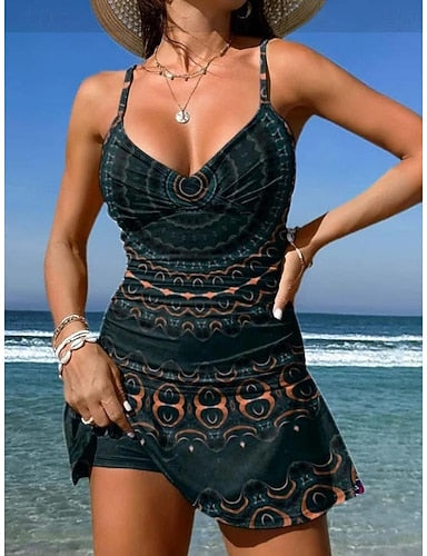 Swimwear One Piece Skirt Swimsuit Knit Vacation Graphic Geometric V Neck Sleeveless Bathing Suits