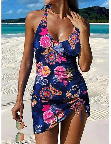 Swimwear Tankini Skirt Swimsuit Halter Vacation Graphic Sleeveless Bathing Suits