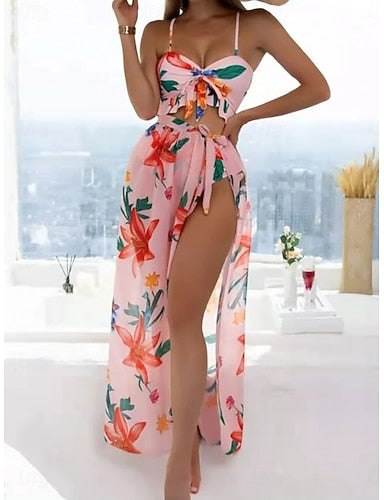 Swimwear Bikini Three Piece Briefs Swimsuit Ruched Vacation Beach Wear Graphic V Neck Sleeveless Bathing Suits