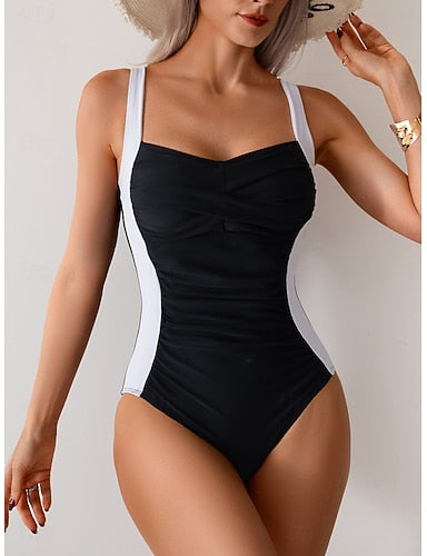 Swimwear One Piece Swimsuit Tummy Control High Waist Slim Underwire Backless Vacation Beach Wear Color Block U Neck Sleeveless Bathing Suits