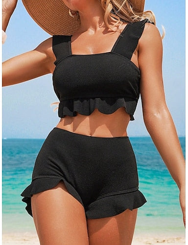 Swimwear Bikini 2 Piece Skirt Swimsuit Slim Backless Vacation Beach Wear Color Scoop Neck Sleeveless Bathing Suits