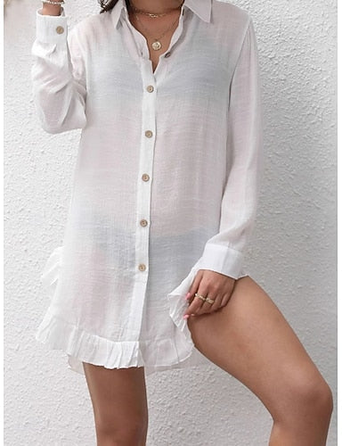 Mini Dress White Dress Beach Dress Shirt Dress Cover Up Daily Outdoor Beach Regular Fit Plain Long Sleeve Shirt Collar White Summer Spring