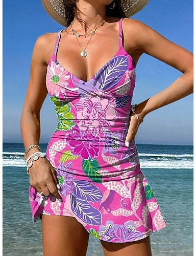 Swimwear One Piece Skirt Swimsuit Vacation Graphic V Neck Sleeveless Bathing Suits