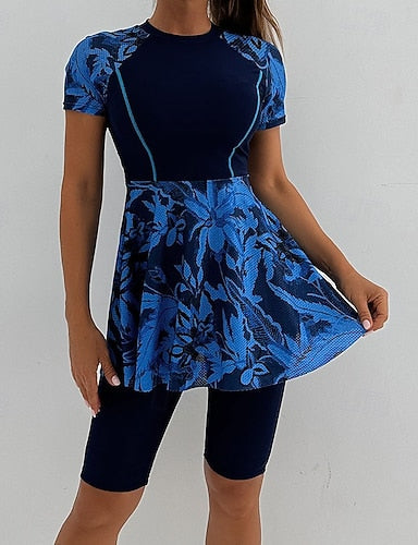 Swimwear 2 Piece Shorts Swimsuit Patchwork Vacation Beach Wear Graphic Round Neck Short Sleeves Bathing Suits