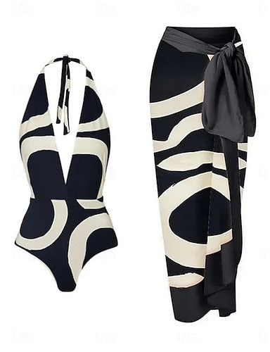 Swimwear One Piece Monokini Skirt Swimsuit Tummy Control High Waist Slim Backless Vacation Beach Wear Geometric Halter Neck Sleeveless Bathing Suits