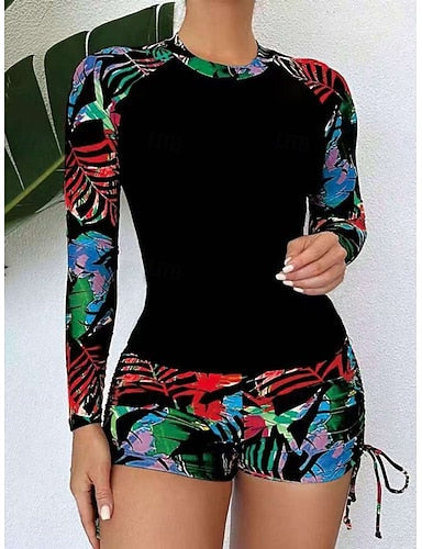 Tankini 2 Piece Swimsuit Ruched Palm Shorts Tummy Control High Waist Slim Backless Vacation Beach Wear Leaves Round Neck Long Sleeve Bathing Suits