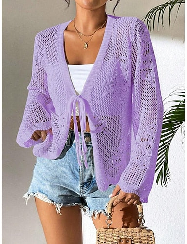 Swimwear Cover Up Rash Guard Swimsuit Tie Front Cut Out Vacation Beach Wear Plain V Neck Long Sleeve Bathing Suits