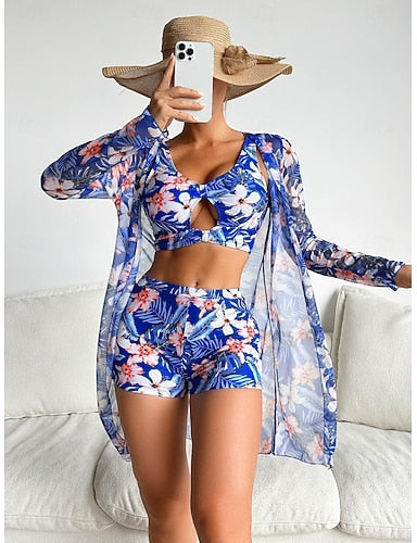 Bikini 3 Piece Swimsuit Palm Shorts Slim Backless Vacation Beach Wear V Neck Sleeveless Long Sleeve Bathing Suits
