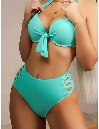 Swimwear Bikini 2 Piece Swimsuit Cut Out Backless Vacation Beach Wear Plain Halter Neck Sleeveless Bathing Suits