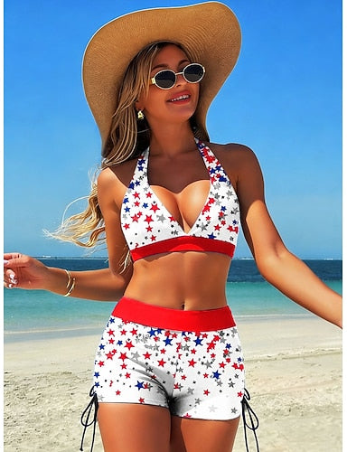 Bikini 2 Piece Swimsuit High Waist Backless Vacation Beach Wear Graphic Flag V Neck Sleeveless Bathing Suits
