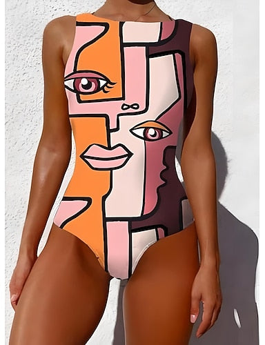 One Piece Swimsuit Slimming Monokini Backless Tummy Control High Waist Slim Vacation Beach Wear Graphic Animal Round Neck Sleeveless Bathing Suits