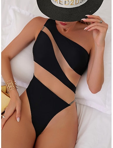 One Piece Swimsuit Cutout Monokini Tummy Control High Waist Slim Backless Vacation Beach Wear Color Block Asymmetric Neck Sleeveless Bathing Suits