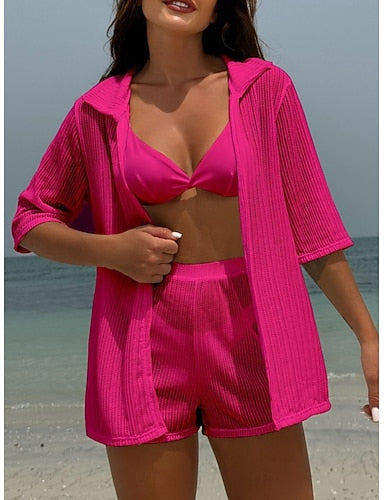 Swimwear Bikini Three Piece Thong Swimsuit Slim Backless Vacation Beach Wear Color V Neck Sleeveless Bathing Suits
