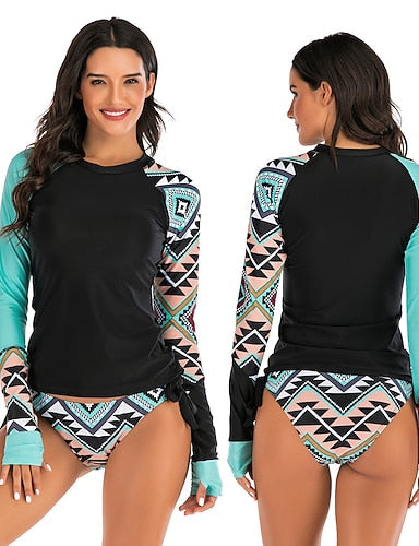 Rash Guard Swimsuit Aztec 2 Piece Uv Sun Protection Quick Dry Elastic Long Sleeve Swimwear Bathing Suit Surfing Water Sports Swimming Summer