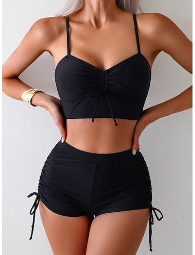 Swimwear Bikini 2 Piece Briefs Swimsuit Drawstring Slim Backless Vacation Beach Wear Color V Neck Sleeveless Bathing Suits