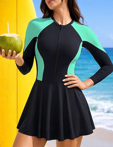 Rash Guard Bathing Suit One Pieces Patchwork Zip Up Uv Protection Elastic Long Sleeve Swimwear Swimsuit Surfing Scuba Swimming Summer