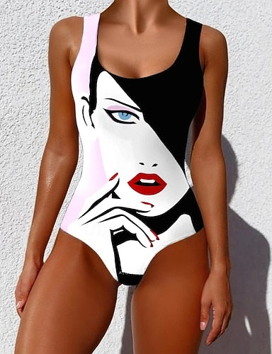 One Piece Swimsuit Slimming Monokini Briefs Tummy Control High Waist Slim Backless Vacation Ombre Graphic U Neck Sleeveless Bathing Suits