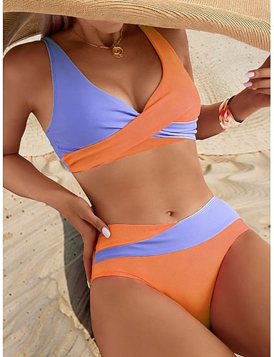 Swimwear Bikini Cheeky Swimsuit Vacation Graphic Color Block V Neck Sleeveless Bathing Suits