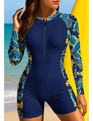 Regular Rash Guard Bathing Suit Boyleg Tropical Zip Up Removable Pad Front Zip Uv Sun Protection Upf50+ Ultra Light (ul) Long Sleeve Swimwear Sun Shirt Surfing Beach Water Sports Summer