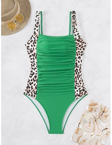 One-piece Tummy Control Bathing Suits Scoop Neck Leopard Print Panels Racerback Ruched Summer Beachwear Quick-dry Stretch Fabric Full Size Black Swimsuit