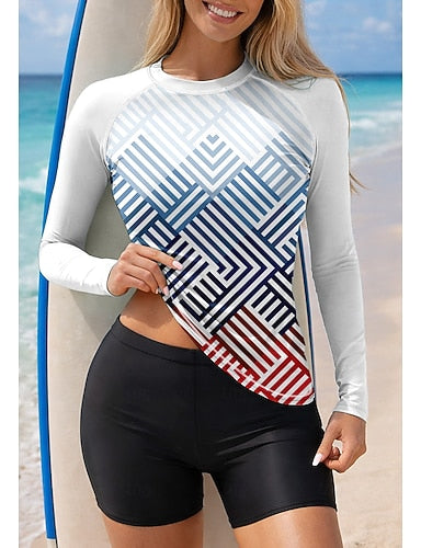 Rash Guard Swimsuit Rash Guard Tankini Swimsuits Geometric Gradient 2 Piece Removable Pad Boyleg Uv Sun Protection Upf50+ Elastic Long Sleeve Swimwear Sun Shirt Surfing Canoeing Water Sports
