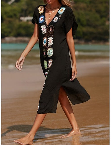 Cover Up Swimsuit Dress Patchwork Vacation Beach Wear Color V Neck Short Sleeves Bathing Suits