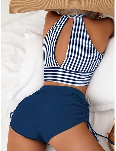 Bikini 2 Piece Swimsuit Colorblock Briefs Slim Backless Vacation Beach Wear Striped Halter Neck Sleeveless Bathing Suits