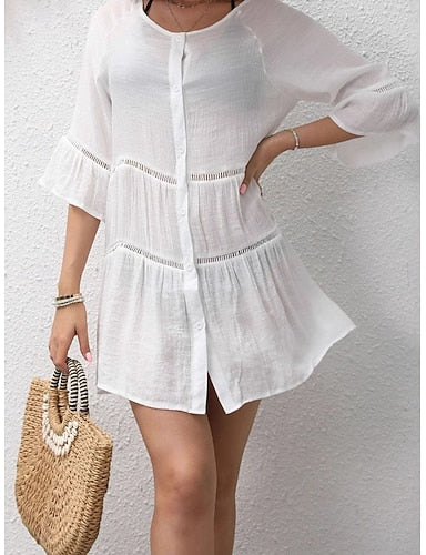 Mini Dress White Dress Dress Flare Cuff Sleeve Daily Outdoor Beach Loose Fit Plain Half Sleeve Crew Neck White Summer Spring