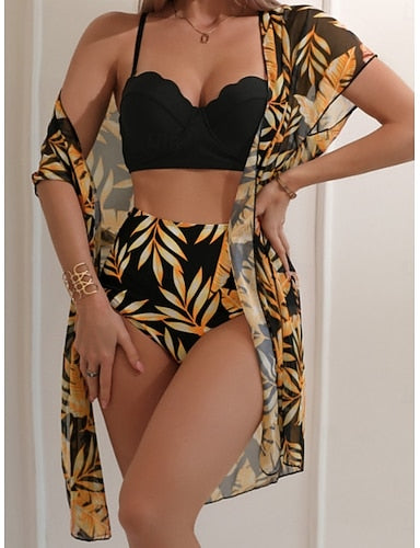 Bikini 3 Piece Swimsuit Palm Briefs Slim Backless Vacation Beach Wear Leaves V Neck Sleeveless Bathing Suits