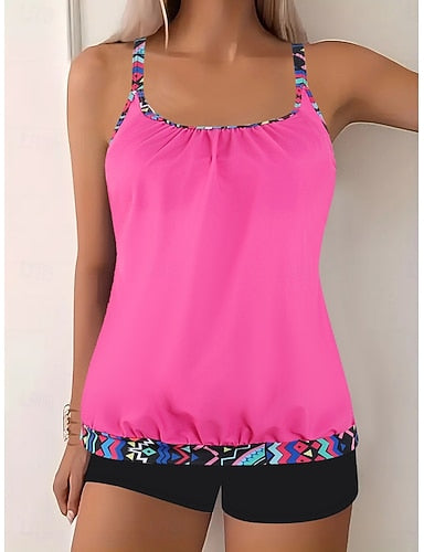 Tankini 2 Piece Swimsuit Leopard Shorts Tummy Control High Waist Slim Backless Vacation Beach Wear Leaves Scoop Neck Sleeveless Bathing Suits