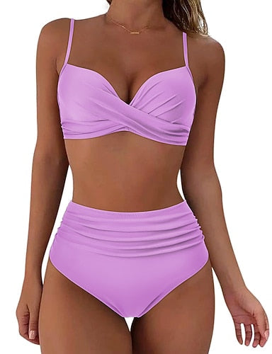 Swimwear Bikini Shorts Swimsuit 2 Piece High Waisted Beach Wear Basic Plain Sleeveless Bathing Suits