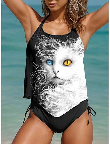 Tankini 2 Piece Swimsuit Cheeky Backless Vacation Beach Wear Graphic Cat Halter Neck Sleeveless Bathing Suits