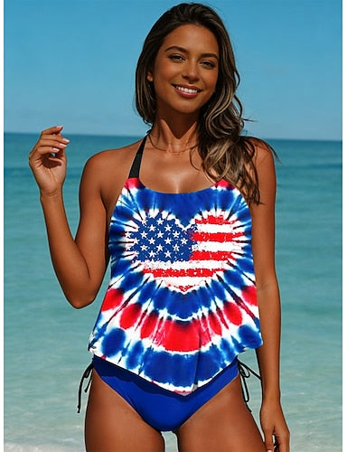 Independence Day American Swimwear Tankini High Cut Swimsuit Active Vacation Graphic V Neck Sleeveless Bathing Suits