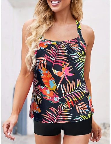 Tankini 2 Piece Swimsuit Palm Shorts Tummy Control High Waist Slim Backless Vacation Beach Wear Scoop Neck Sleeveless Bathing Suits