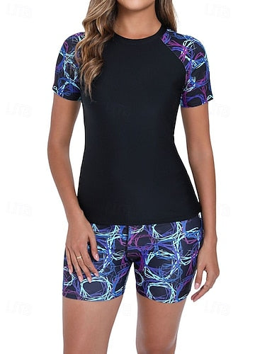 Rash Guard Bathing Suit 2 Pieces Printed Ultra Light (ul) Uv Protection Elastic Short Sleeve Swimwear Surfing Snorkeling Spring