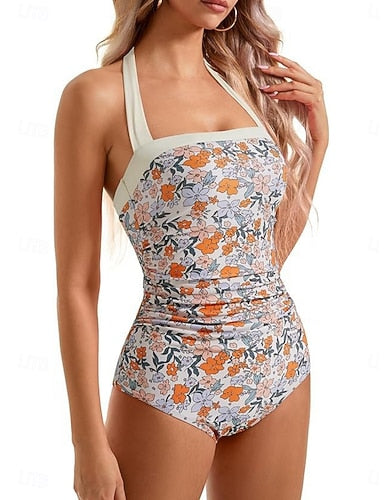 One Piece Swimsuit Slimming Cutout Leopard Monokini Briefs Tummy Control High Waist Slim Backless Vacation Beach Wear Color Color Block Halter Neck Sleeveless Bathing Suits