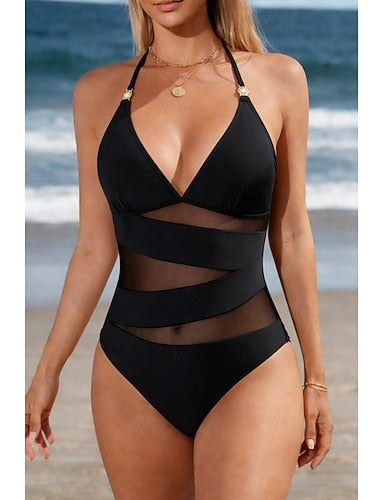 Swimwear One Piece Monokini Swimsuit Mesh Tummy Control High Waist Slim Backless Vacation Beach Wear Color V Neck Sleeveless Bathing Suits