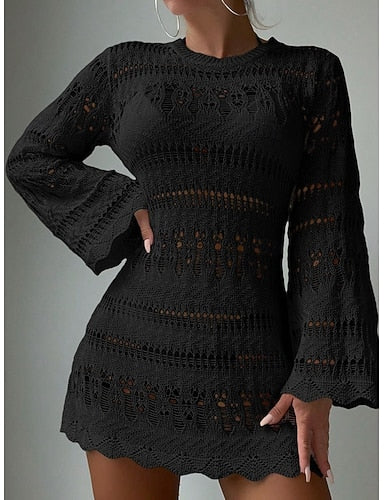 Cover Up Swimsuit Dress Cut Out Vacation Beach Wear Color Round Neck Long Sleeve Bathing Suits
