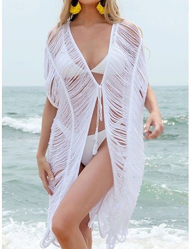 Swimwear Cover Up Swimsuit Vacation Beach Wear Color V Neck Short Sleeves Bathing Suits