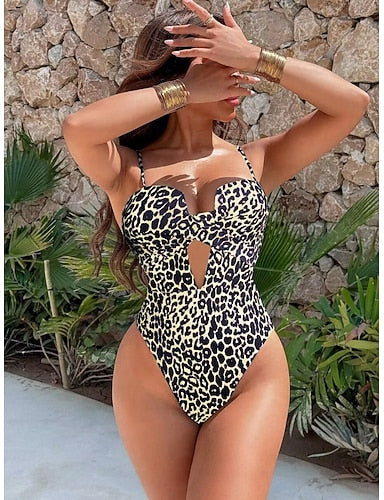 One Piece Swimsuit Slimming Cutout Leopard Monokini Tummy Control High Waist Slim Backless Vacation Beach Wear V Neck Sleeveless Bathing Suits