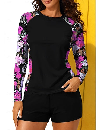 Regular Rash Guard Swimsuit Rash Guard Print Swimsuit Tropical Color-blocking 2 Piece Removable Pad Boyleg Uv Sun Protection Upf50+ Elastic Long Sleeve Swimwear Sun Shirt