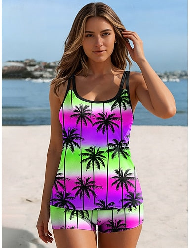 Swimwear Tankini 2 Piece High Waist Swimsuit Backless Vacation Beach Wear Ombre Graphic U Neck Sleeveless Bathing Suits