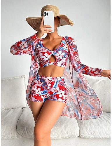 Bikini 3 Piece Swimsuit Palm Shorts Slim Backless Vacation Beach Wear Leaves V Neck Sleeveless Bathing Suits